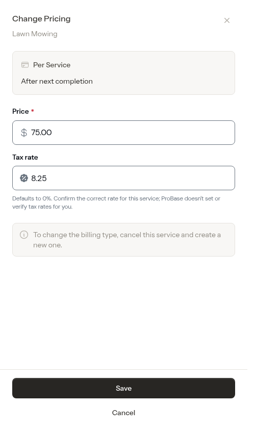 Change pricing modal with the redesigned tax rate field