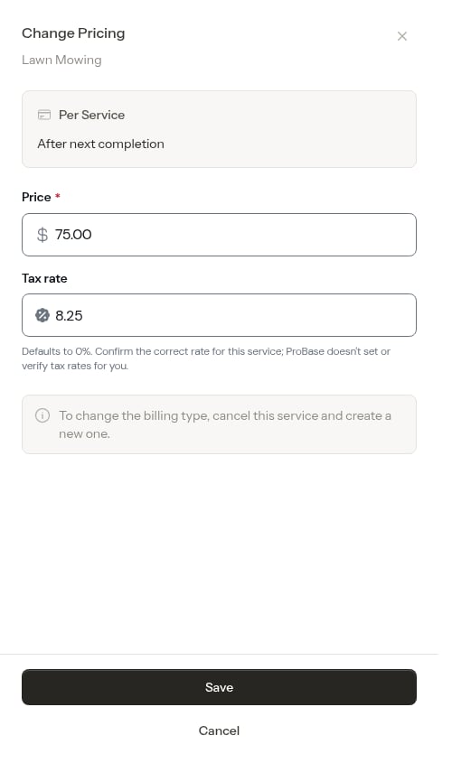 Change pricing modal with the redesigned tax rate field