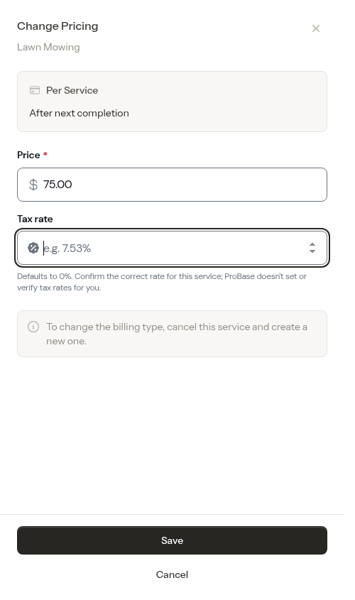 Change pricing modal with the tax rate cleared