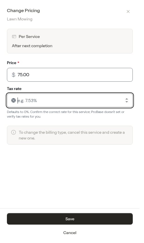 Change pricing modal with the tax rate cleared