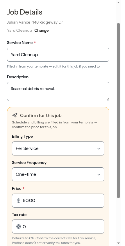 Job Details with the Confirm for this job section