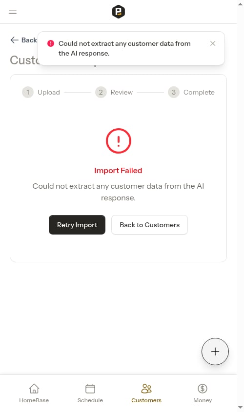 An import that stopped promptly with a clear failure message