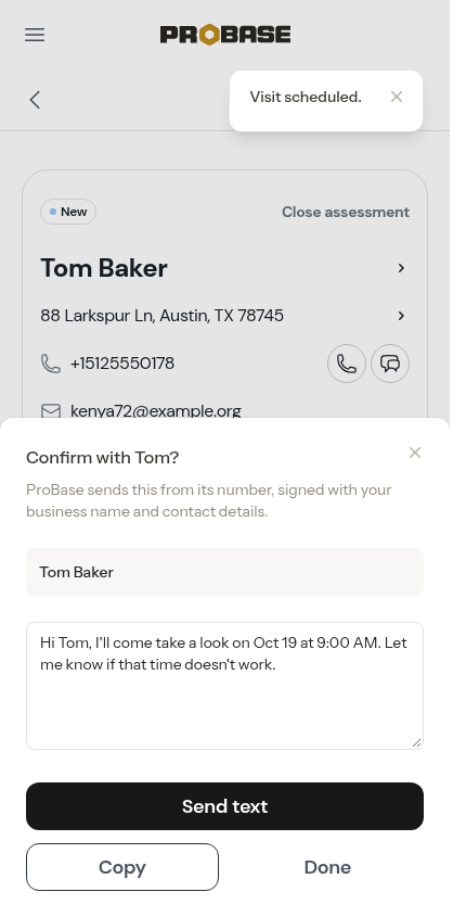 Confirming a booked assessment visit with Send text