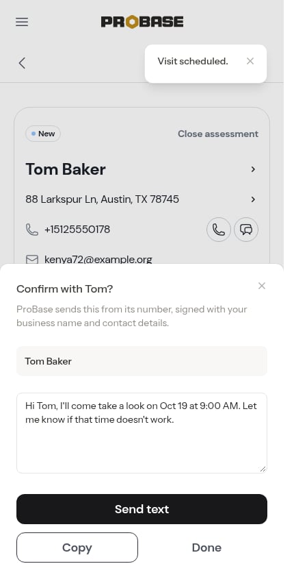 Confirming a booked assessment visit with Send text