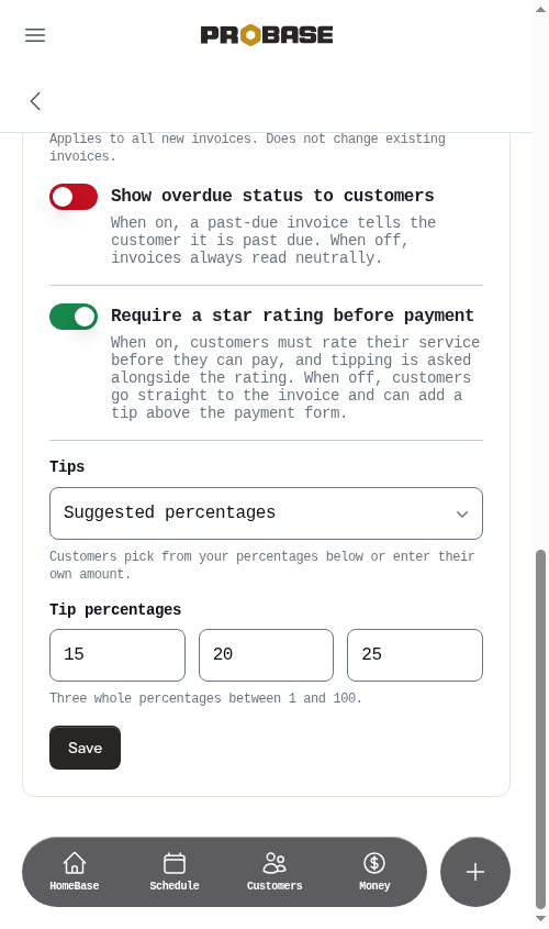 The Show overdue status to customers switch, turned off