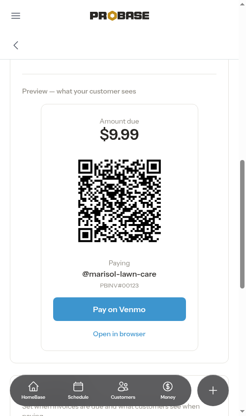 Venmo settings showing the live customer preview