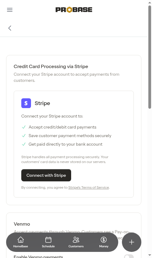 The Credit Card Processing via Stripe card before connecting