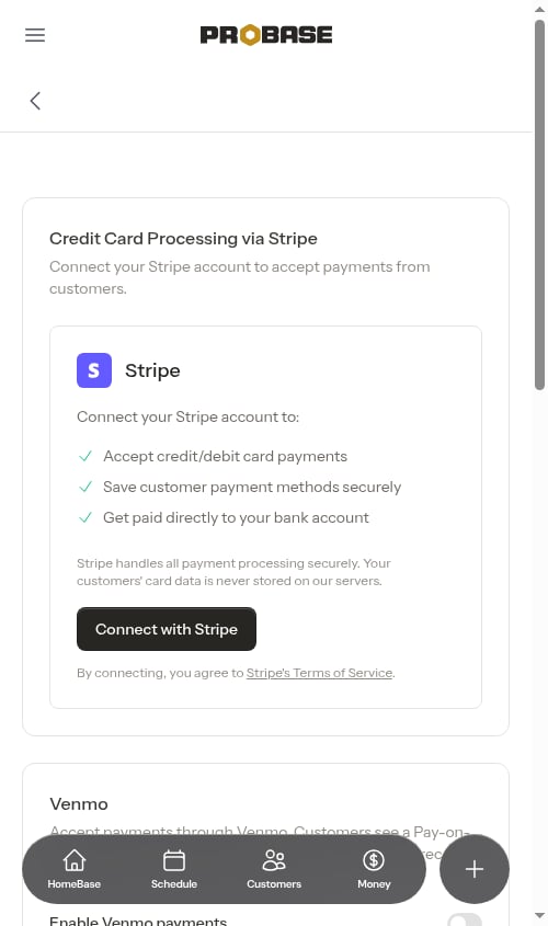 The Credit Card Processing via Stripe card before connecting