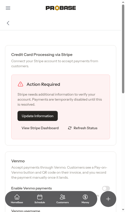 Action Required card when Stripe has restricted the account