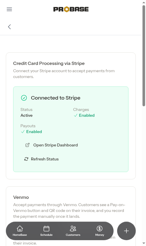 Connected to Stripe card showing Active status