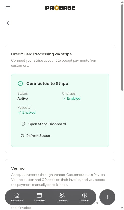 Connected to Stripe card showing Active status