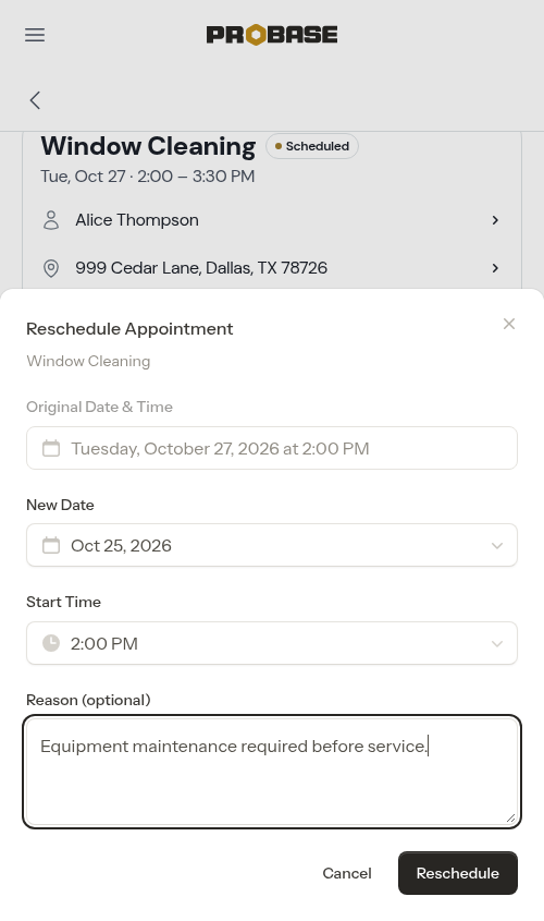 Reschedule form filled in