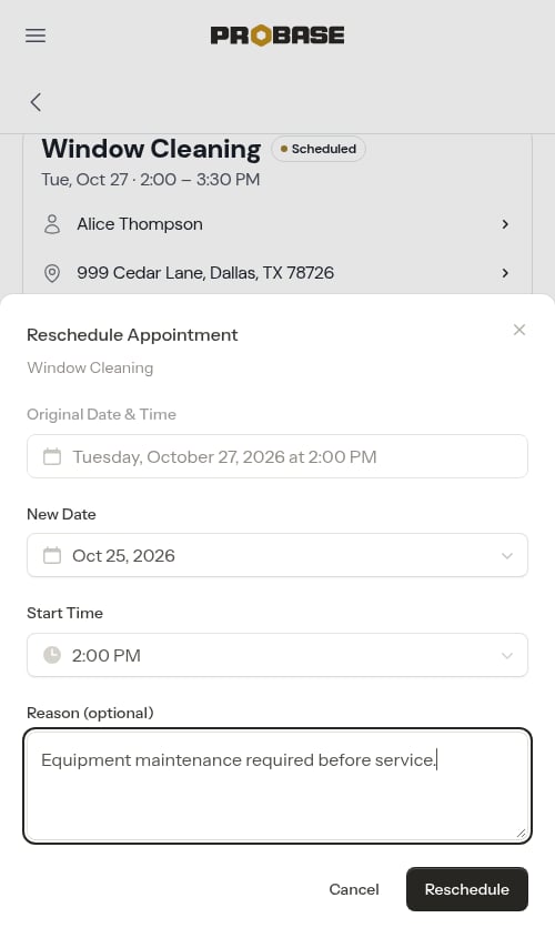 Reschedule form filled in