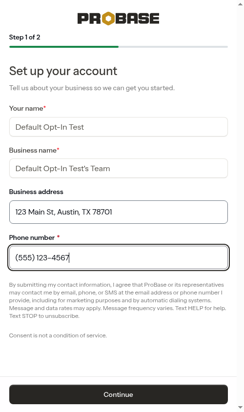 Onboarding business step with SMS disclosure