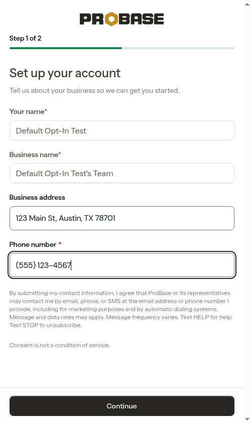 Onboarding business step with SMS disclosure