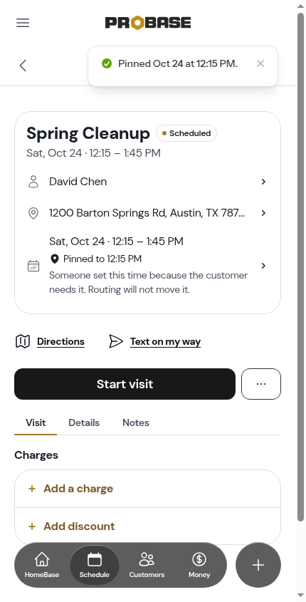 The pin line under the visit's date and time