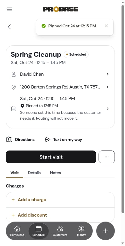 The pin line under the visit's date and time