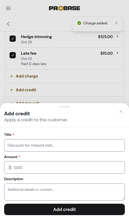 The Add credit sheet