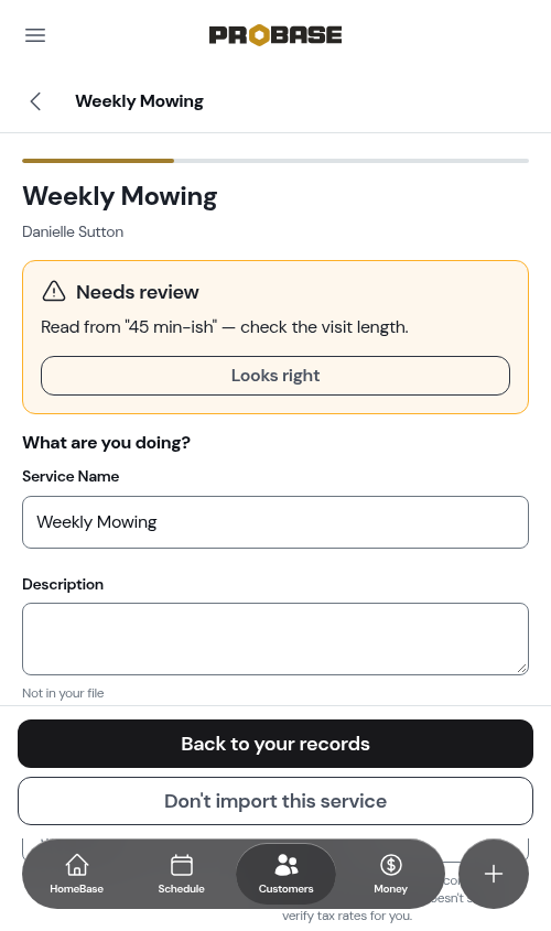 A service marked Needs review, with the Looks right button