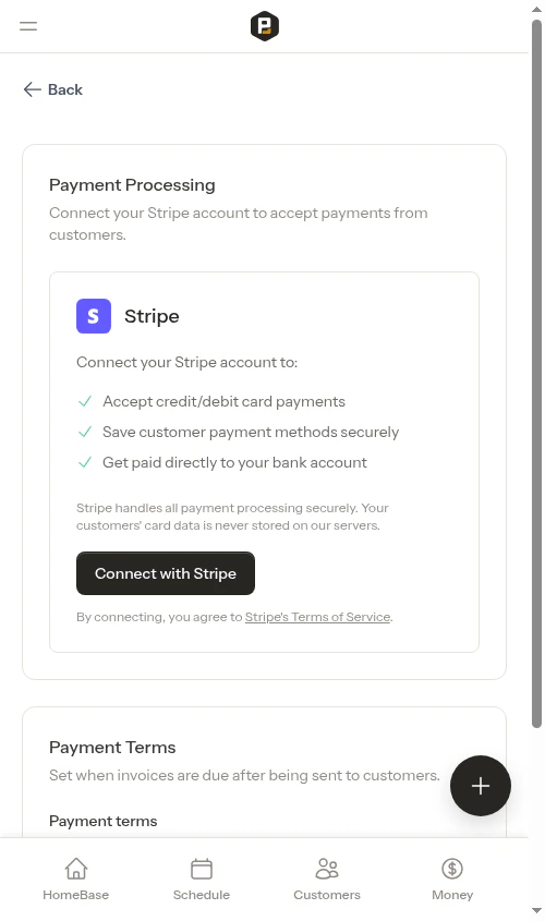 Payment settings page with Payment Terms