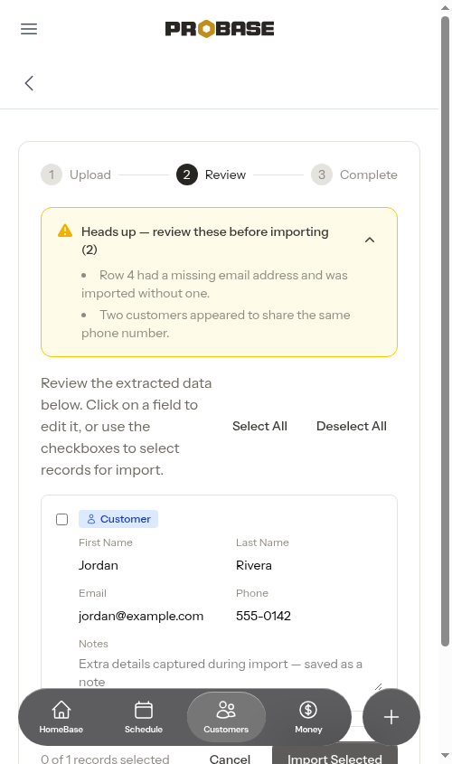 Import review screen with heads-up warnings