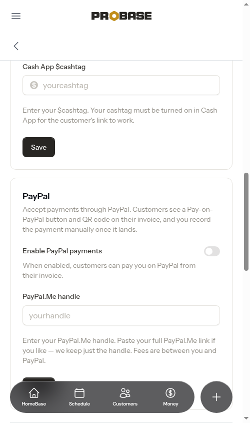The Cash App section before it's turned on