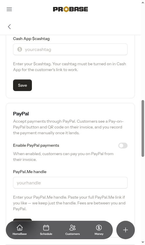 The Cash App section before it's turned on