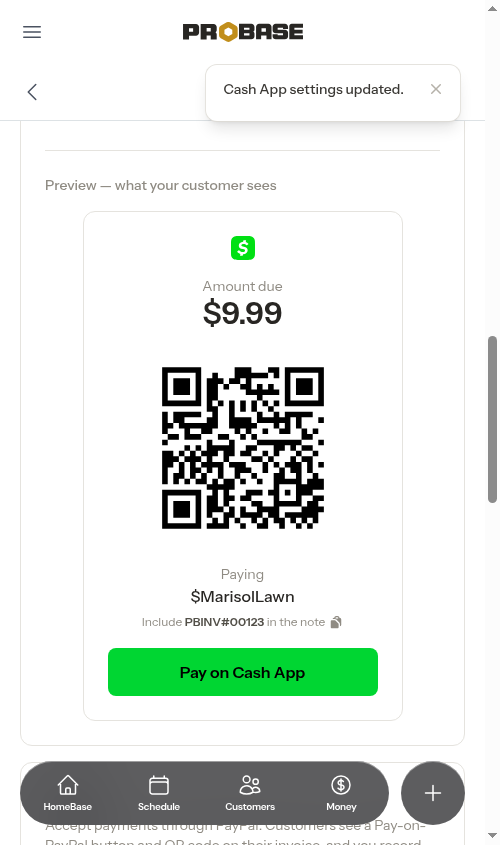 Cash App settings saved