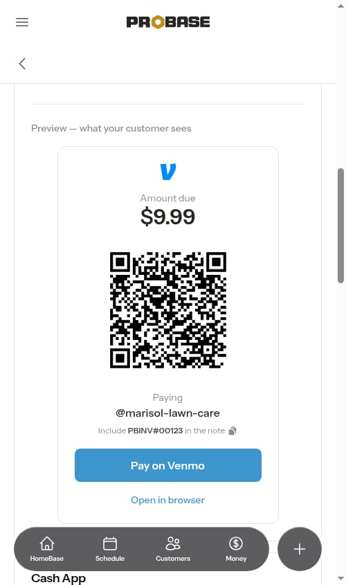 Venmo settings with the live preview