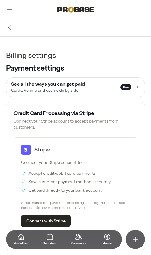 The Credit Card Processing via Stripe card before connecting