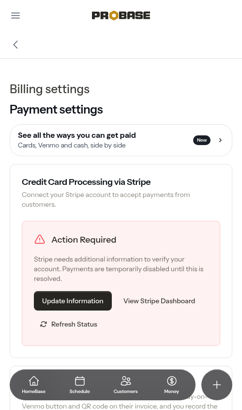 Action Required card when Stripe has restricted the account