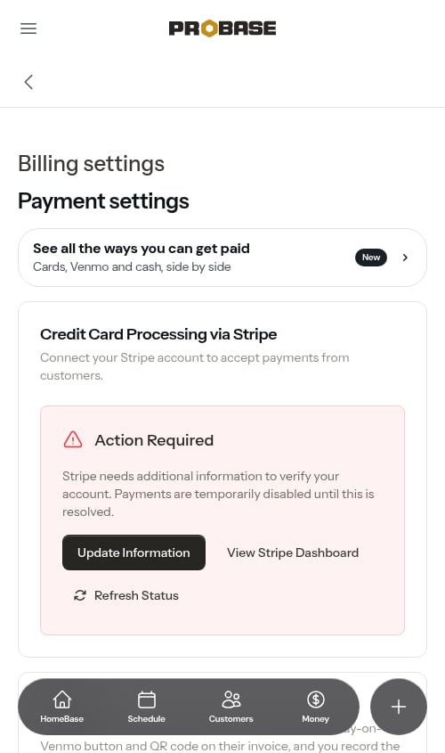 Action Required card when Stripe has restricted the account