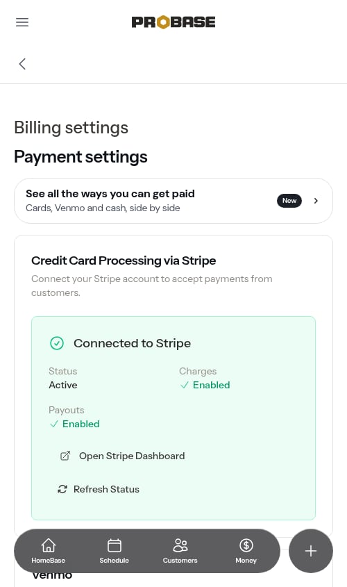 Connected to Stripe card showing Active status