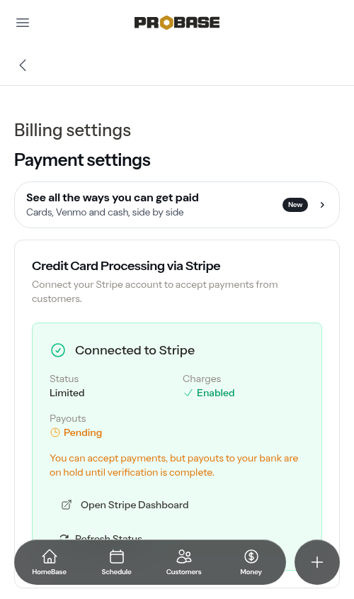 Connected to Stripe card showing Limited status with payouts pending