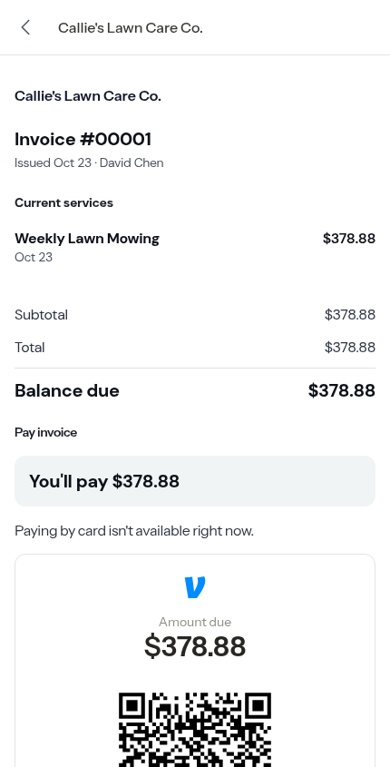 An invoice whose card form couldn't load, with no pinned pay bar