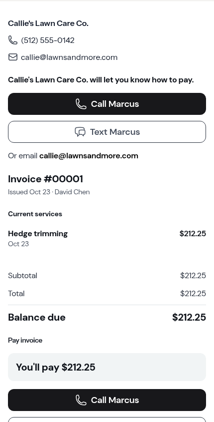 An invoice with no online payment, showing Call and Text