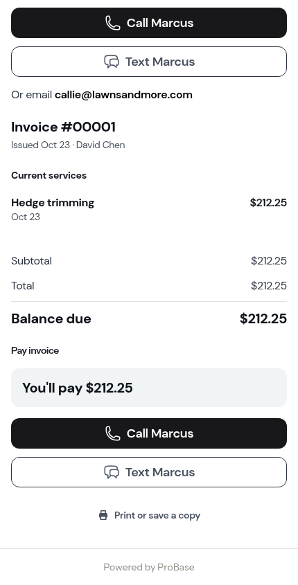 The Call and Text pair repeated at the foot of the invoice