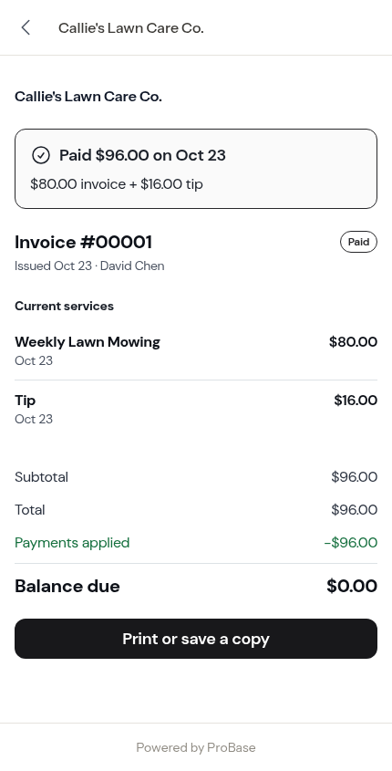 A paid invoice with the receipt at the top