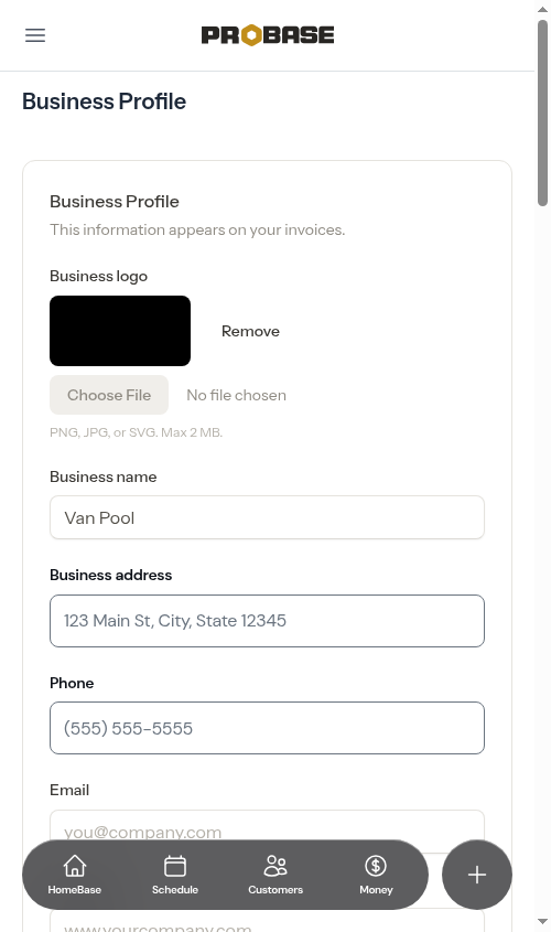 Settings page showing the Remove button next to an uploaded logo