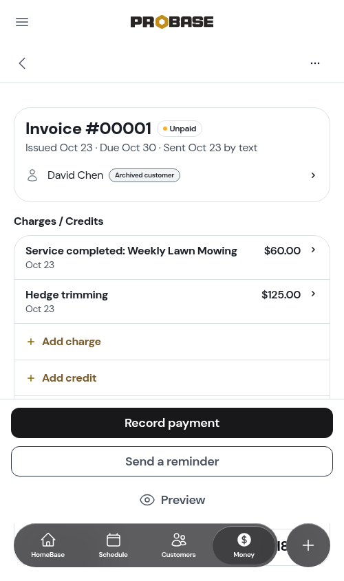 An invoice wearing the Archived customer tag