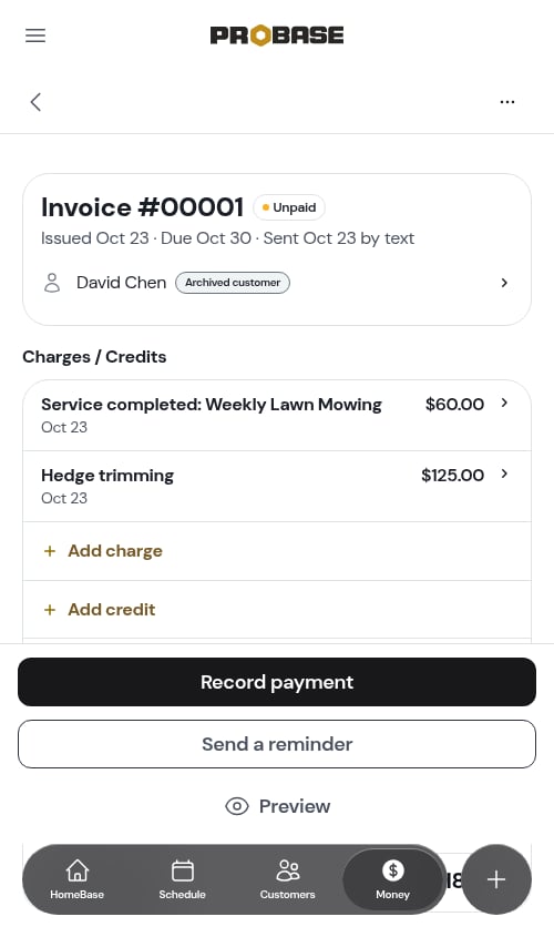 An invoice wearing the Archived customer tag