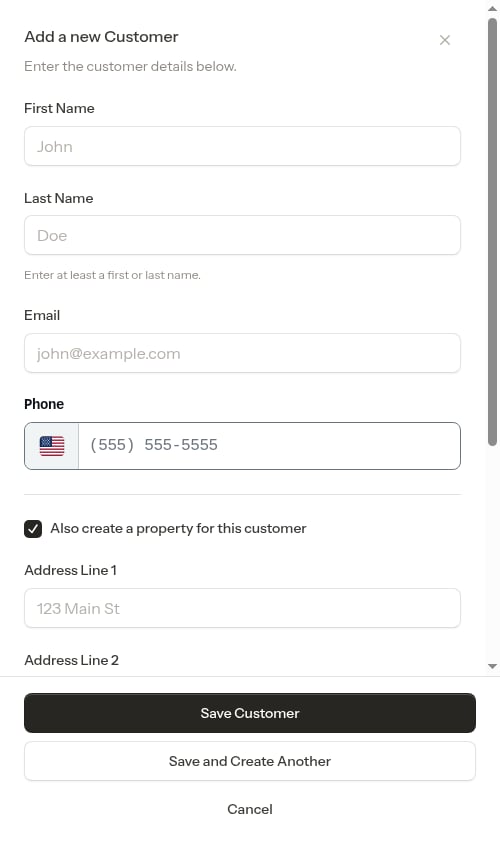 Customer creation form opened from the empty schedule