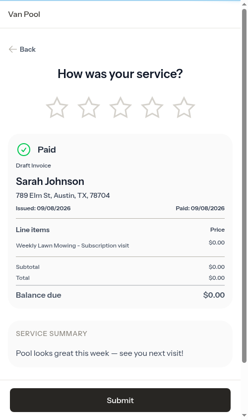 Service review screen for a completed visit