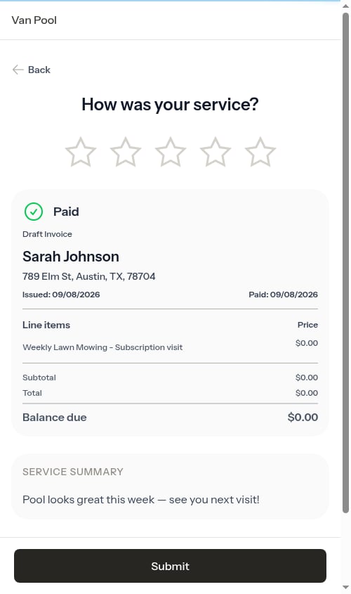 Service review screen for a completed visit