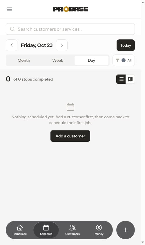 Empty day prompting you to add your first customer