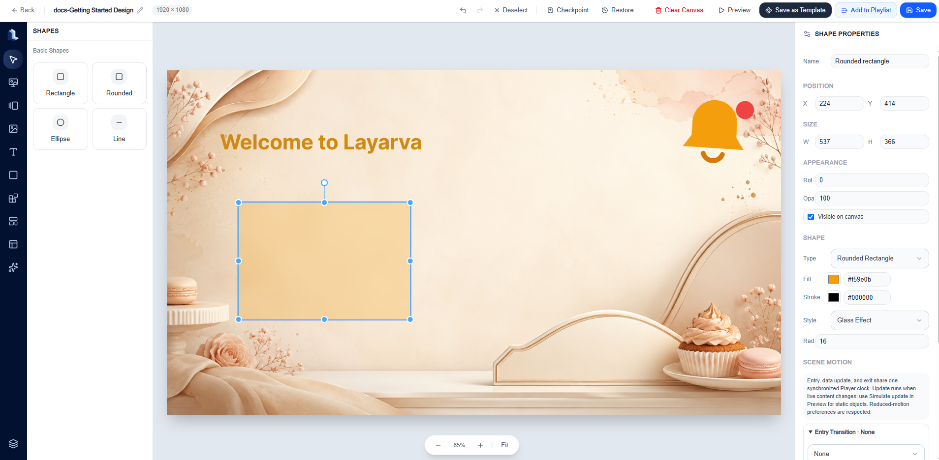 Studio Canvas with a selected rounded rectangle and its properties