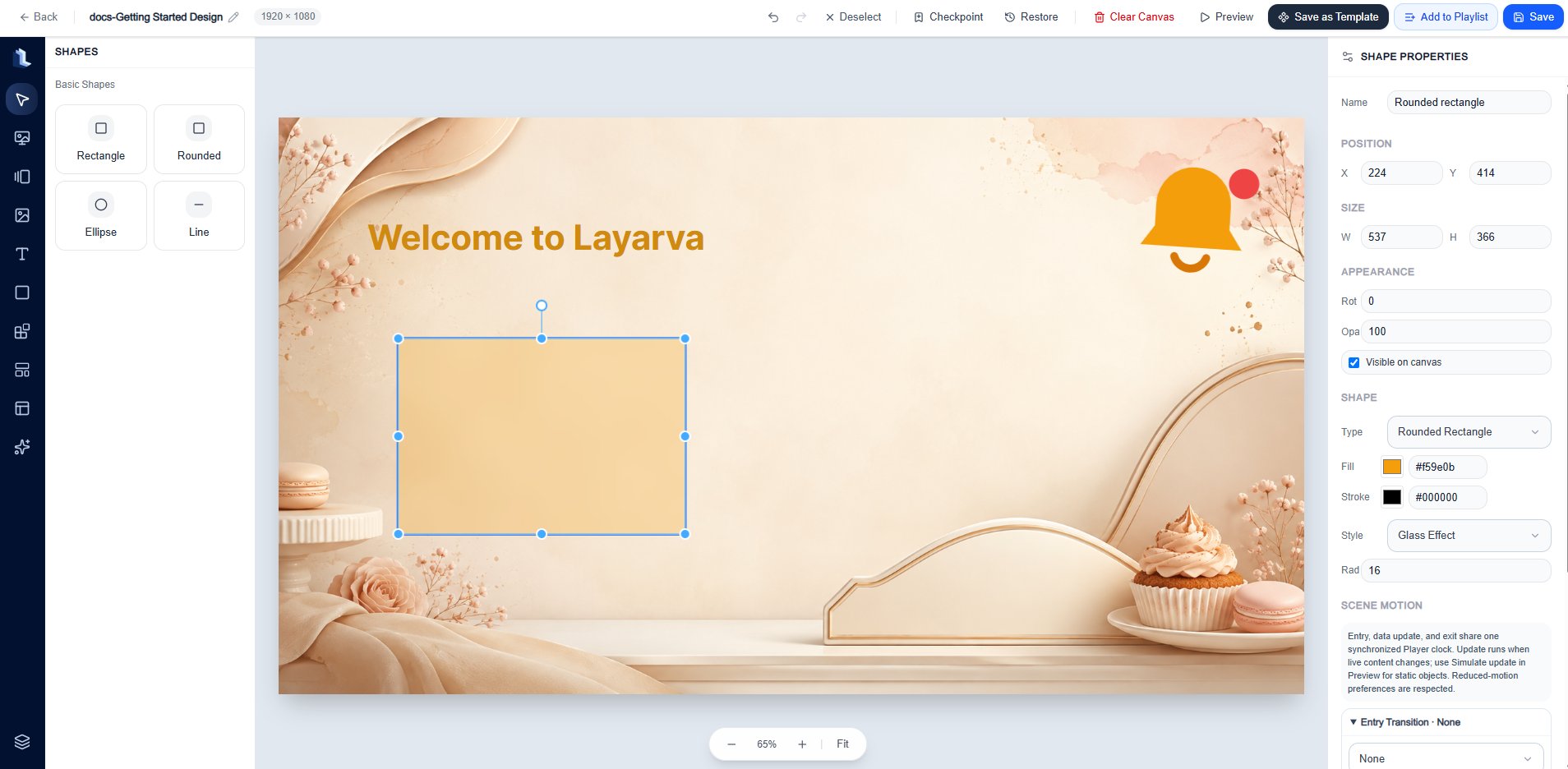 Studio Canvas with a selected rounded rectangle and its properties