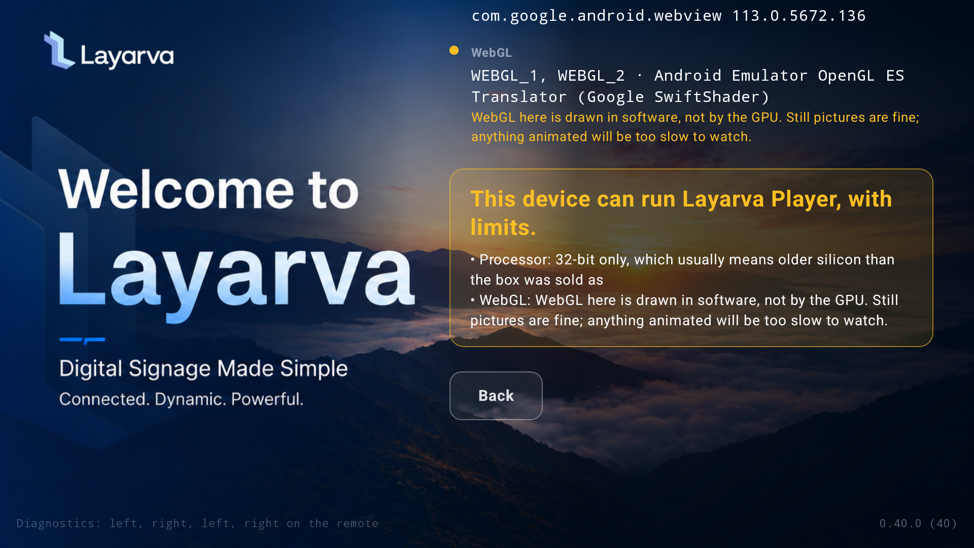 Android Player verdict showing supported with limits for a 32-bit processor and software-rendered WebGL