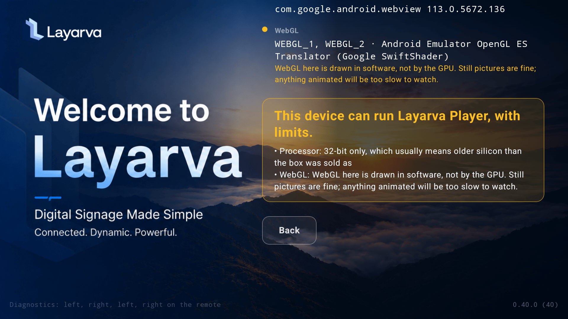 Android Player verdict showing supported with limits for a 32-bit processor and software-rendered WebGL