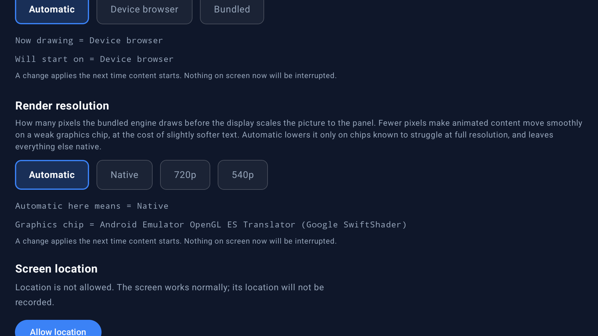 Android Player diagnostics showing Automatic, Device browser, Bundled, and render-resolution choices